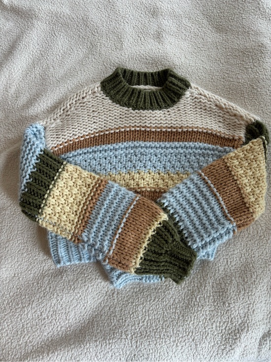 Altar'd State Sweaters - Chunky Striped Knit Sweater in Olive, Baby Blue & Cream